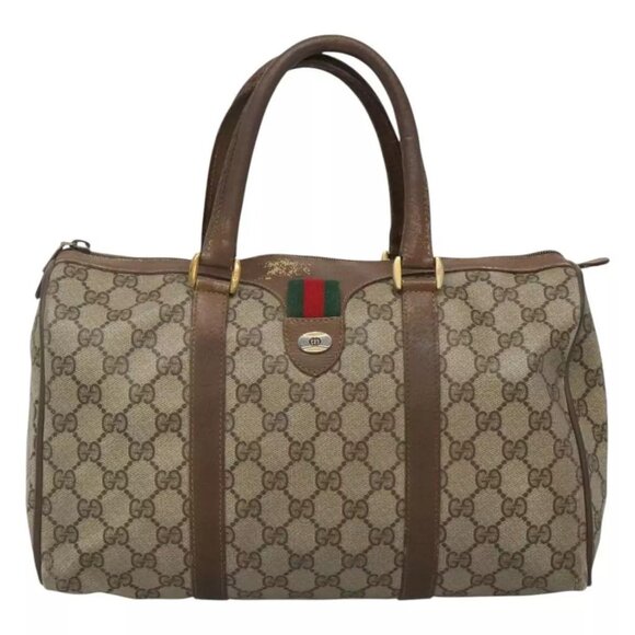 GUCCI GG Supreme Web Sherry Line Boston Bag PVC Beige Green Red Auth - Picture 4 of 16